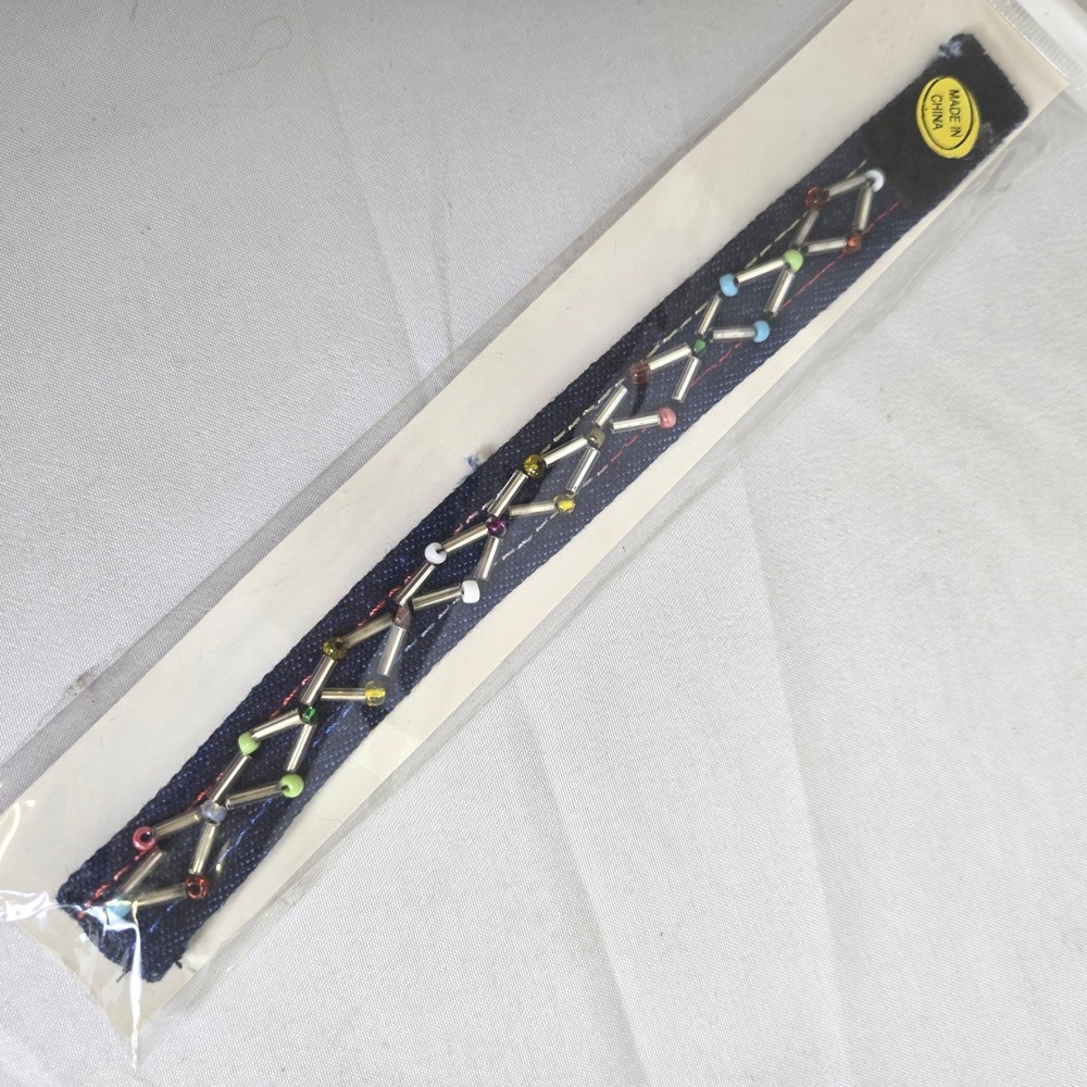 Denim‎ Beaded Bracelet, Retro Vibe, Hook and Loop Closure, 7", New